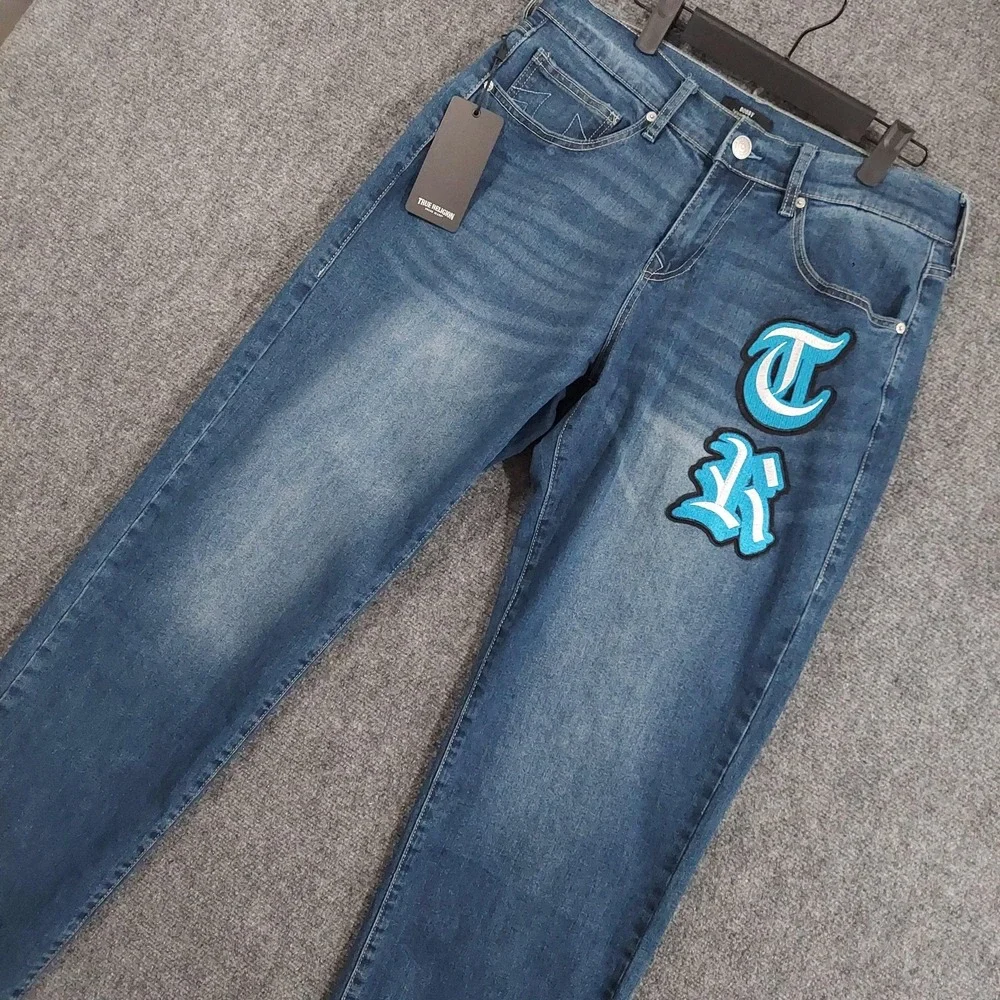 True Religion Bobby Relaxed Baggy Jeans Mens 30x30 Medium Blue TR Applique Y2K